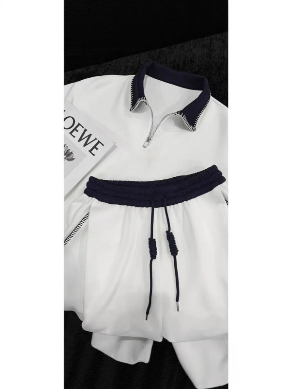 Longdaodao 夏の新しいトレンディなアメリカンカジュアルシンプルなスポーツジッパーカラー半袖 Tシャツルーズパンツスーツ|undefined