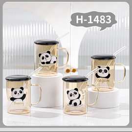 卡通熊猫玻璃杯办公室水杯可爱高颜值杯子带盖吸管商场超市礼品