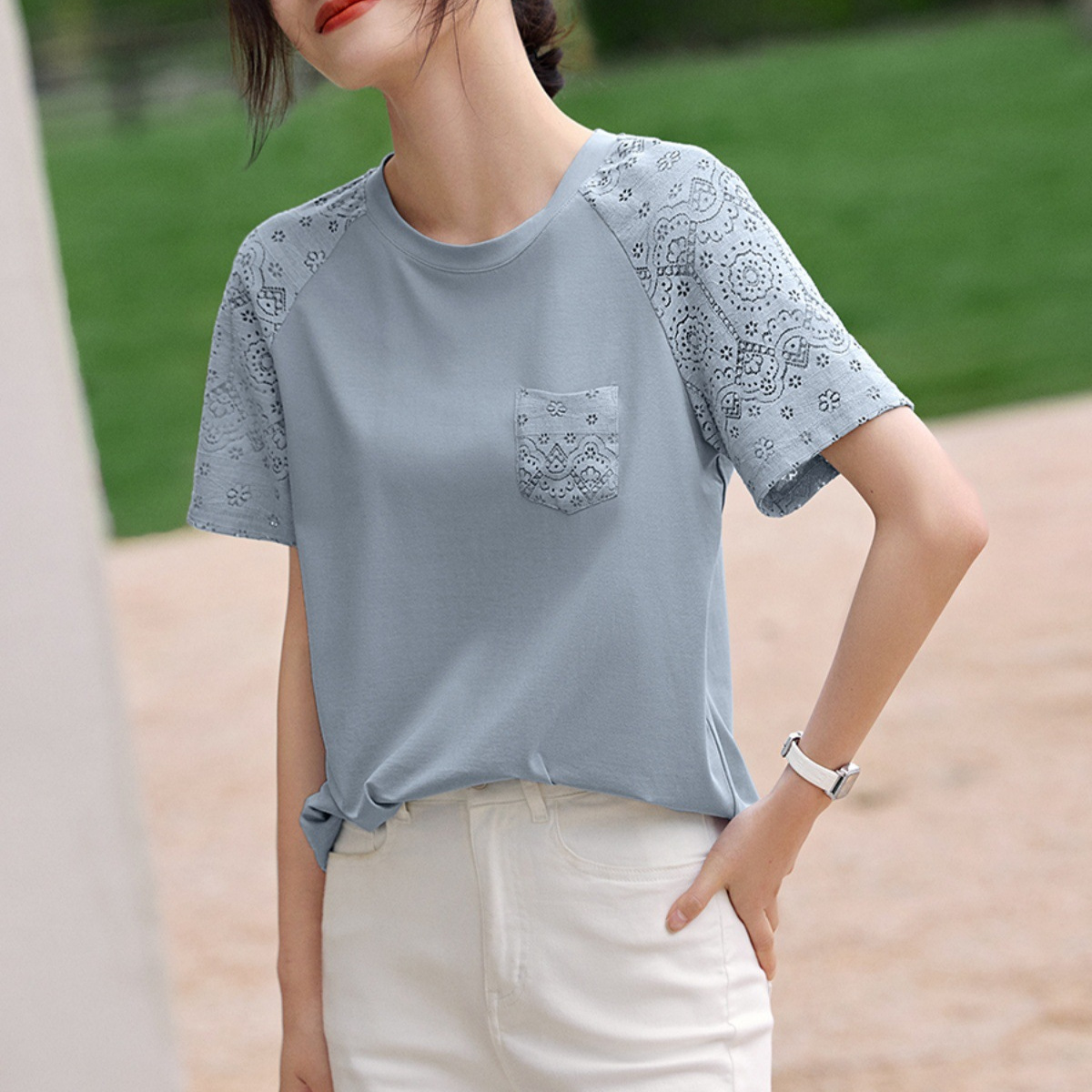 Lace design summer fashionable elegant short sleeve T-shirt