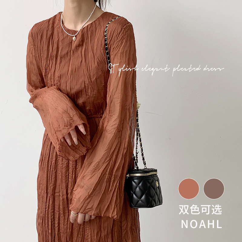 实拍 2025日本乐天 新温柔风褶皱柔软舒适连衣裙长袖打底外穿长裙