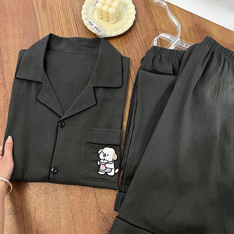 Pijamas de verano para hombres simple ocio dibujos animados perros bordados nubes sólidas algodón ropa de hogar tres piezas conjunto de cabello