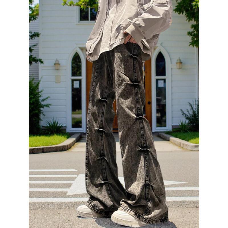 American Retro Pleated Jeans Vibe High Street Pants Men's Trendy Brand European and American Street Washed Straight Micro-Flared Pants
