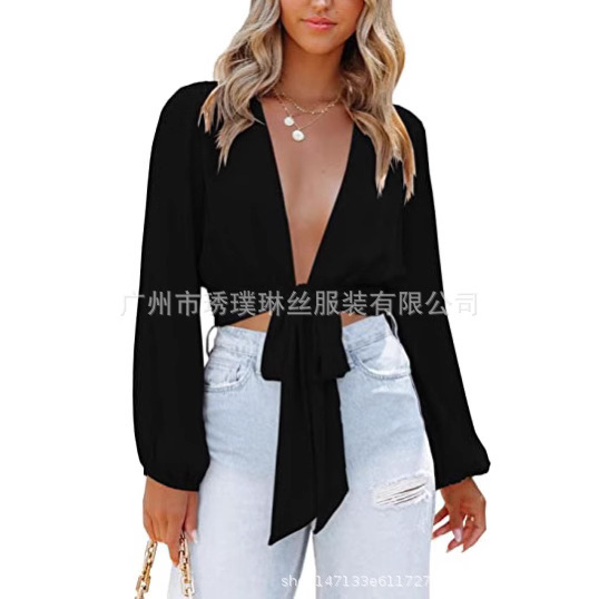 2024 Amazon European and American Export Women's Summer Sexy Deep V Neck Front Lace-Up Long-Sleeved Crop Top Shirt