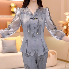 アセテートサテン気質新中国風ハイエンドツーピースセット2025春夏新作特別刺繍スーツ女性用スリムスーツ