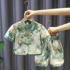 儿童短袖套装2025夏季新款七彩祥云复古国风汉服套装帅气夏装潮酷