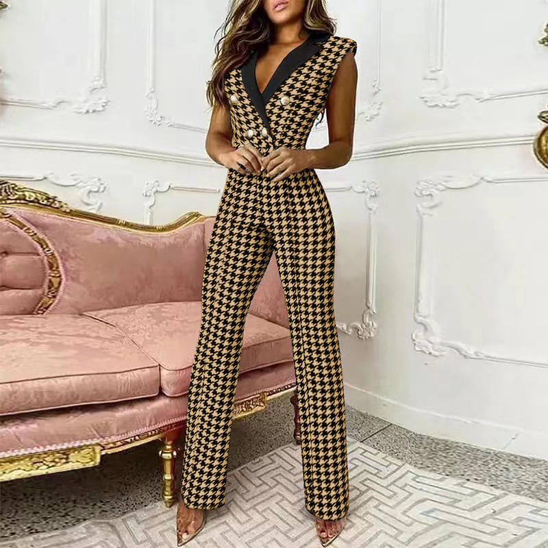 Damen Jumpsuit Mit Karomuster Und V-ausschnitt Ärmellos_voghion.com