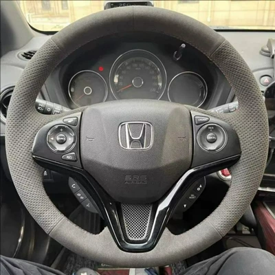 Honda CRV, XR-V, Vezel, Crider, Elysion, hand-stitched suede steering wheel cover, Inspire, Avancier car steering wheel cover (Steering wheel cover) - honda-carbon-black-suede-with-holes-on-both-sides-black-stitching-38cm