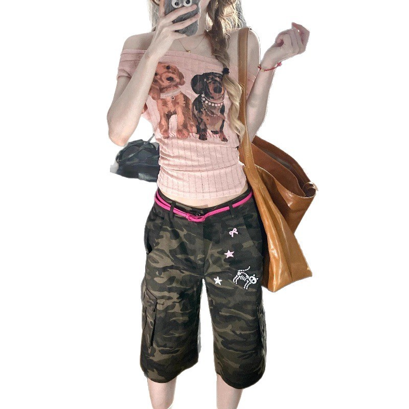 Pure Lust ワンショルダー パピープリント 半袖 Tシャツ レディース 夏 スリムフィット シックで美しいショートトップス イン|undefined
