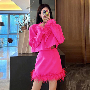Spot 2025 New Fashion High-End Ostrich Feather Long-Sleeved Slim Elegant Commuter Women's Suit Short Skirt Suit