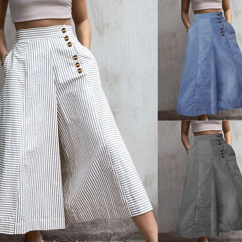 European and American Cross-border 2023 Amazon Wish Summer Fashion High Waist Striped Wide Leg Button Loose Casual Women's Pants