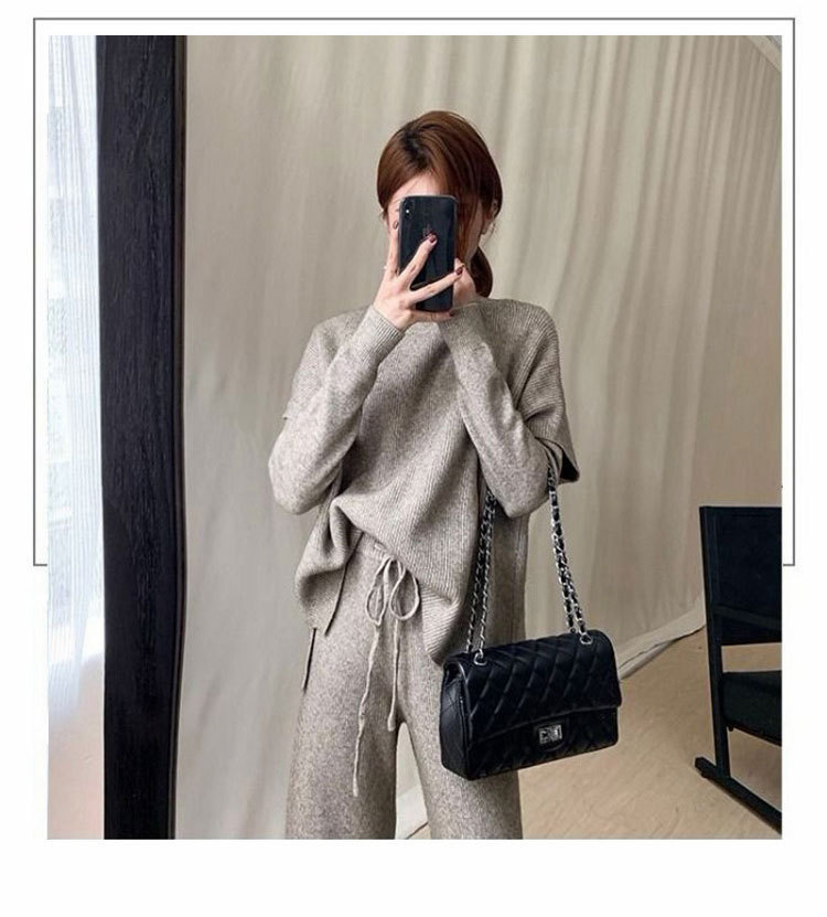 Spring New Lazy Style Casual Loose Waist High Collar Sweater Wide Leg Pants Knitted Women s Piece Set_voghion.com