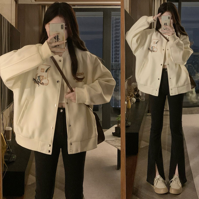 2025秋冬新款美式复古刺绣棒球服外套女宽松小众设计休闲立领夹克|undefined