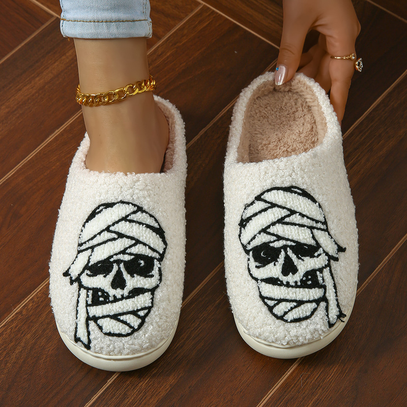 Halloween Cross-Border Popular Winter Ghost Head Cotton Slippers for Women Wholesale Indoor Home Plush Warm Slippers for Men