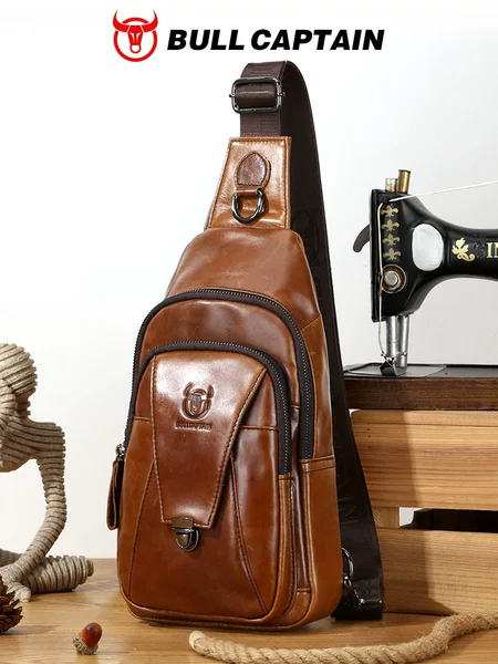 Captain Cow Leather Goods Men's Genuine Leather Single Shoulder Crossbody Chest Bag First Layer Cowhide Fashionable Multifunctional Sports Casual Chest Bag
