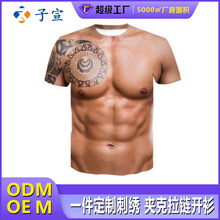 美式印花字母短袖肌肉男3D数码印花男士圆领T恤复古足球风短袖