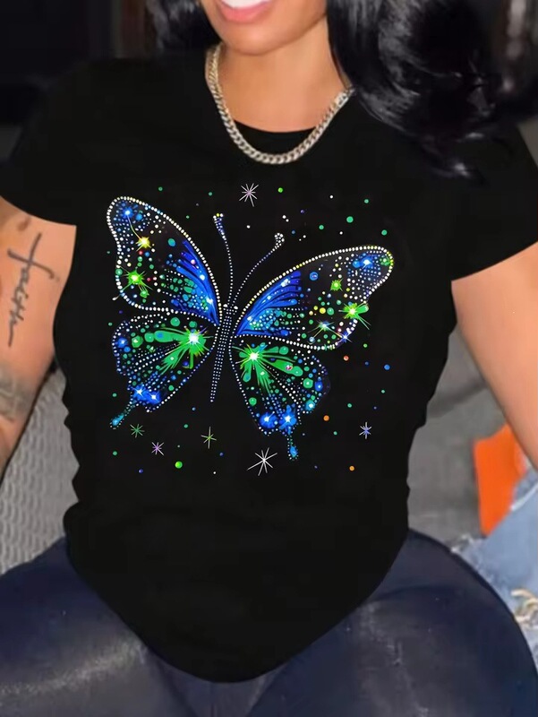 【Cross-border European size】Women's sparkling rhinestone butterfly T-shirt in blue-green with glittering print