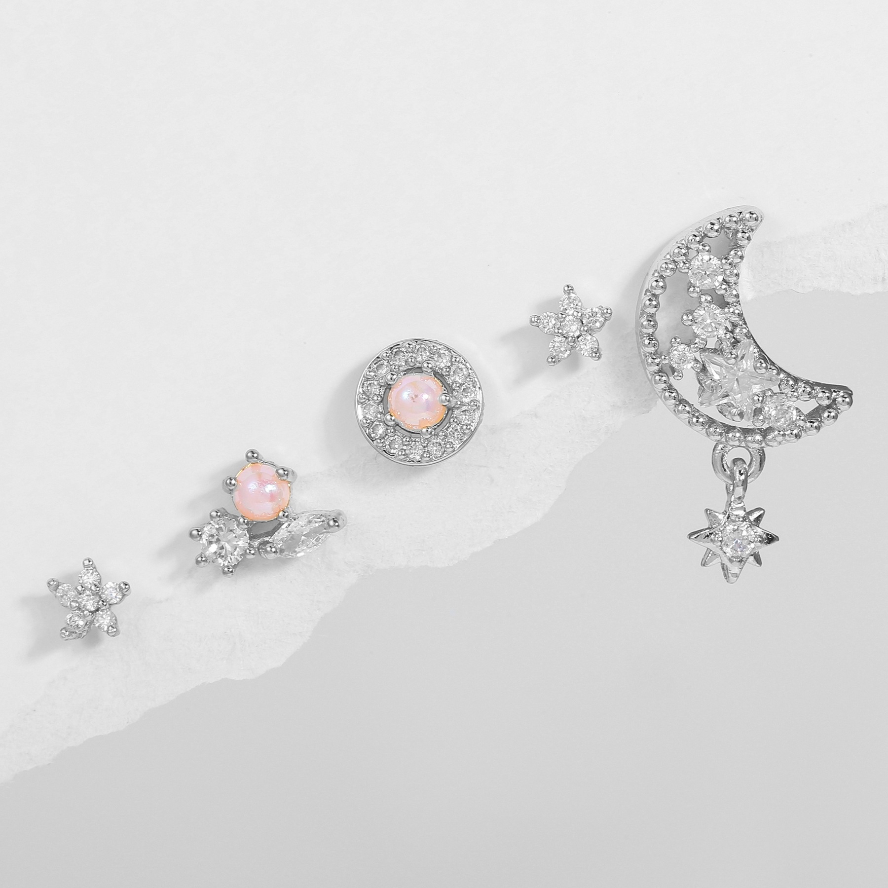 Fashion Pentagram Moon Copper Gold Plated Artificial Pearls Zircon Ear Studs 5 Pieces