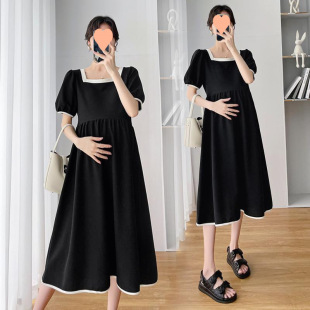Maternity Wear, Summer Wear, New Fashionable Loose Belly-Covering Slimming Short-Sleeved Dress, High-End Lace-Up Maternity Dress