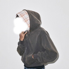 美式跨境新款个性高街嘻哈做旧休闲双帽子格子帽连帽长袖秋冬卫衣