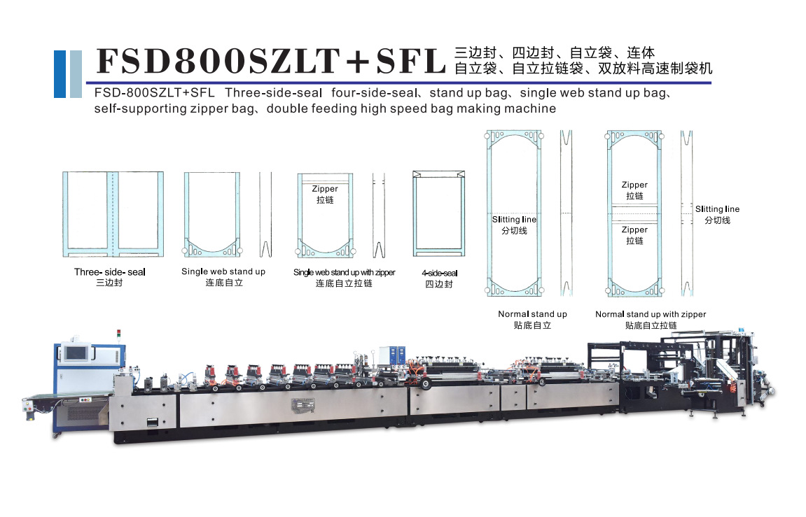 三边封四边封自立连体自立袋拉链袋双放料制袋机FSD800SZLT+SFL