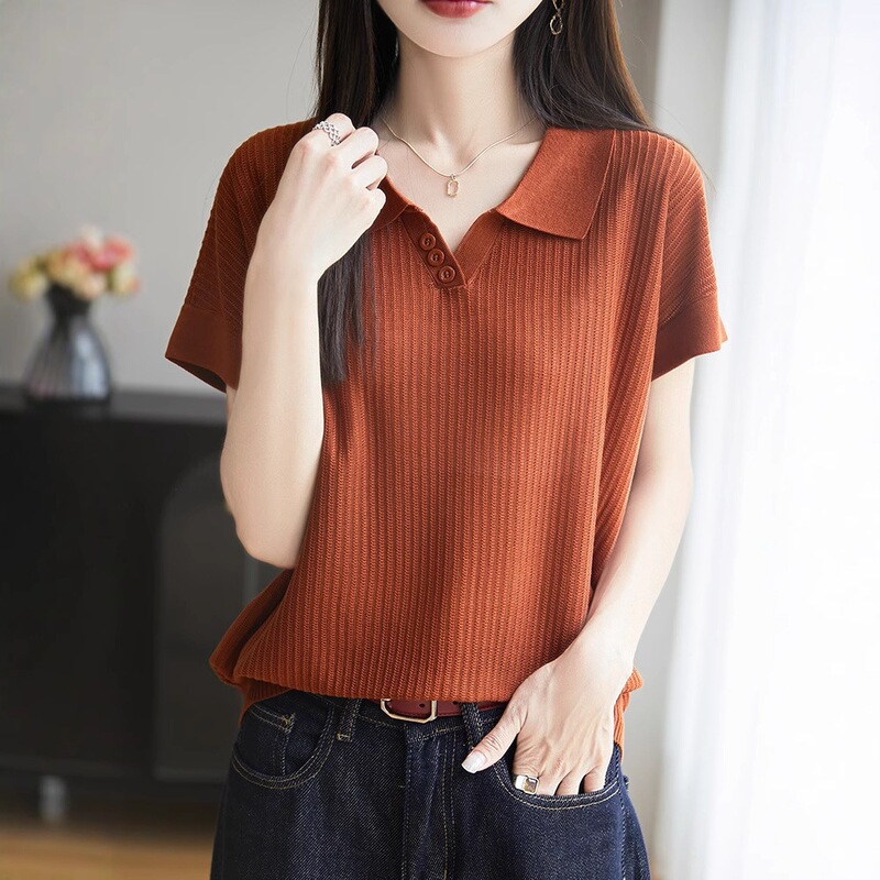 2026 Summer 100% Tencel New Style Turn-Down Collar Short Sleeve Knitted Sweater for Women, Thin Plus Size T-Shirt, Elegant Women's Top