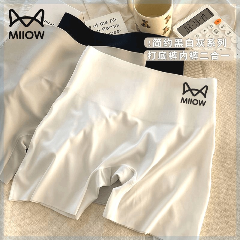 猫人裤女防走光不卷边薄款冰丝无痕打底裤内裤二合一高腰收腹黑色
