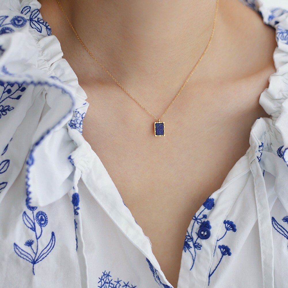 Linglang Natural Lapis Lazuli Beaded Necklace 18K Gold Plated Layered Necklace Gold Chain Summer Gold Jewelry