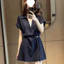 设计感通勤撞色拼接假两件短袖连衣裙2026夏季新款显瘦淑女短裙潮
