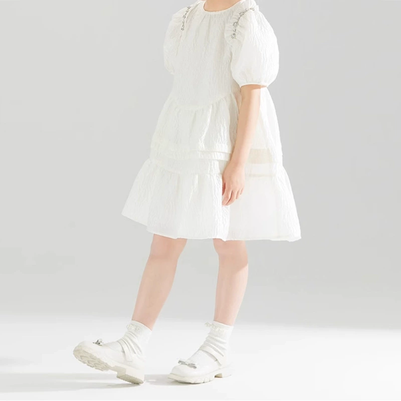 Белое платье принцессы с пышными рукавами для девочек, летнее милое и милое платье феи, детское яркое платье с бриллиантами для девочек среднего и большого размера