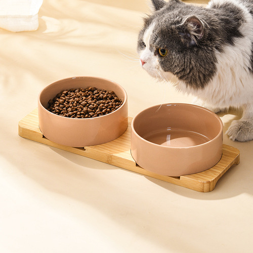 Amazon Direct Mouth Cat Bowl Ceramic Bamboo Tray Anti-Black Chin Cat Food Bowl Dog Bowl Drinking Three Bowls Double Bowl Anti-Flip