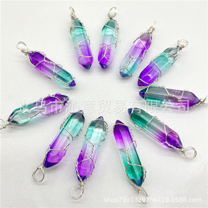 Comercio exterior caliente bobina hexagonal columna colgante collar de cristal natural hecho a mano de plata hilo bala joyería al por mayor