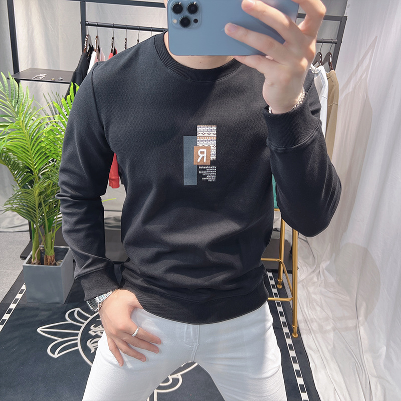 Felpa con cappuccio da uomo tendenza minimalista stampata puover ong cucita primavera e autunno versatile casual top sim fit moda_voghion.com