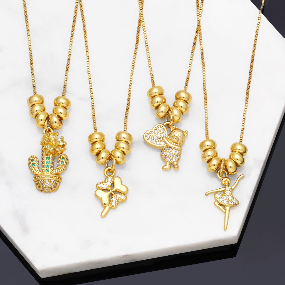 Fashion Simple Cactus Heart Shaped Bear Pendant Clavicle Chain Female