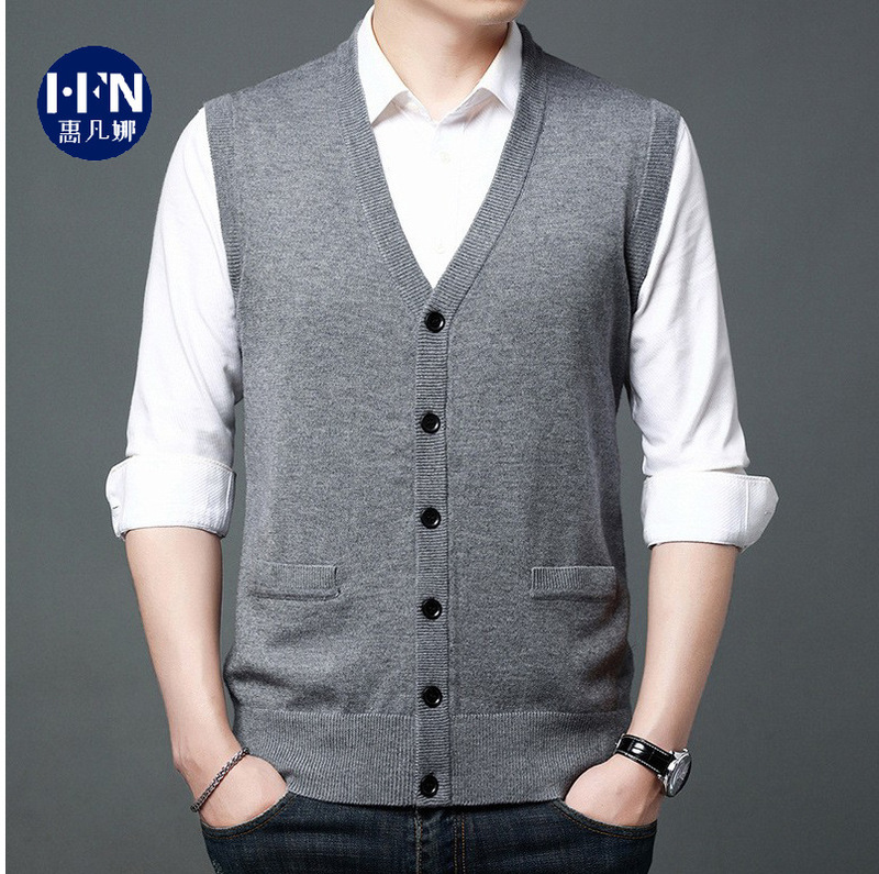 2024 New Autumn and Winter Middle-aged Men's Knitted Sweater Vest Casual Solid Color Sweater for Men