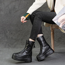 现货新款厚底马丁靴后拉链小个子增高短靴女圆头机车靴一件代发