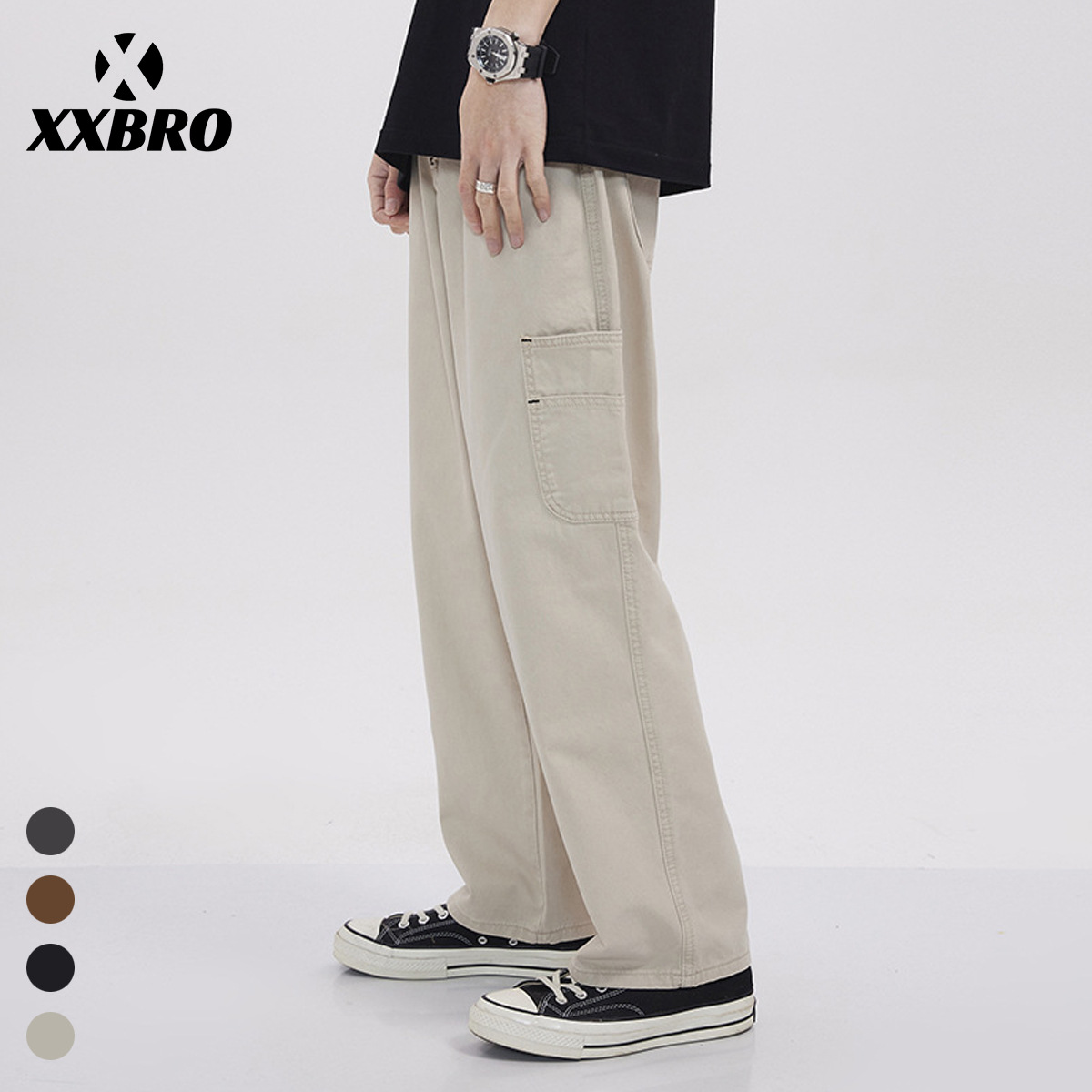 XXBRO男装#复古高街牛仔裤男宽松直筒潮牌美式侧腿口袋长裤子男生