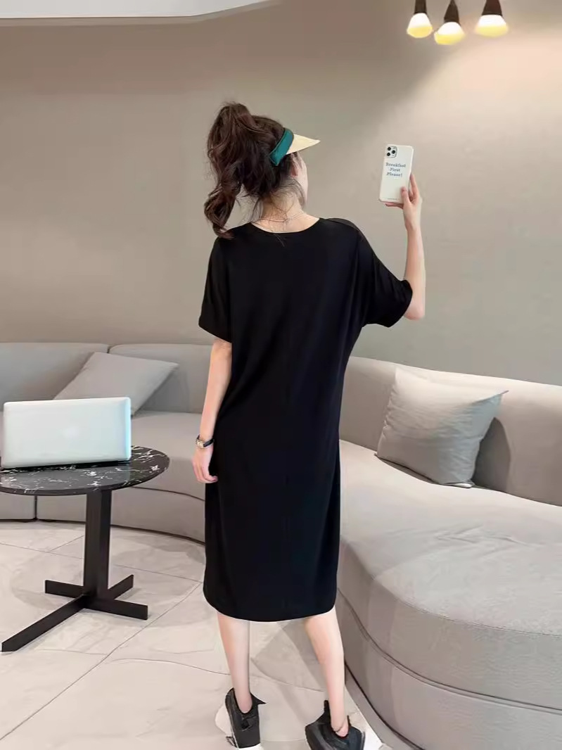 Short-Sleeved Dress for Women, New Summer Women's Outer Wear, Modal Bottoming, Over-The-Knee, Fashionable Long Skirt, Spring