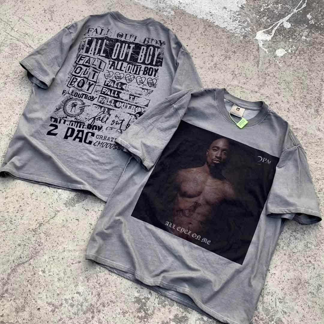 Vintage lavado viejo vintage manga corta marca de moda americana niebla calle suelta VTG casual cuello redondo hombres y mujeres camiseta