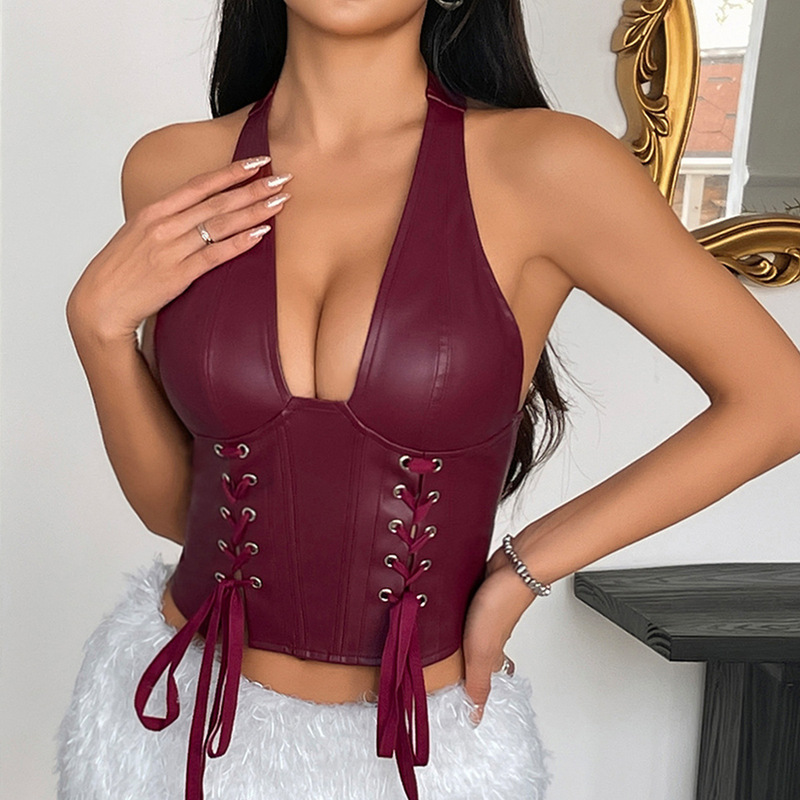 Cross-Border Export European and American Fashion Pu Leather Halter Sexy Strap Tight Corset Vest Top R167