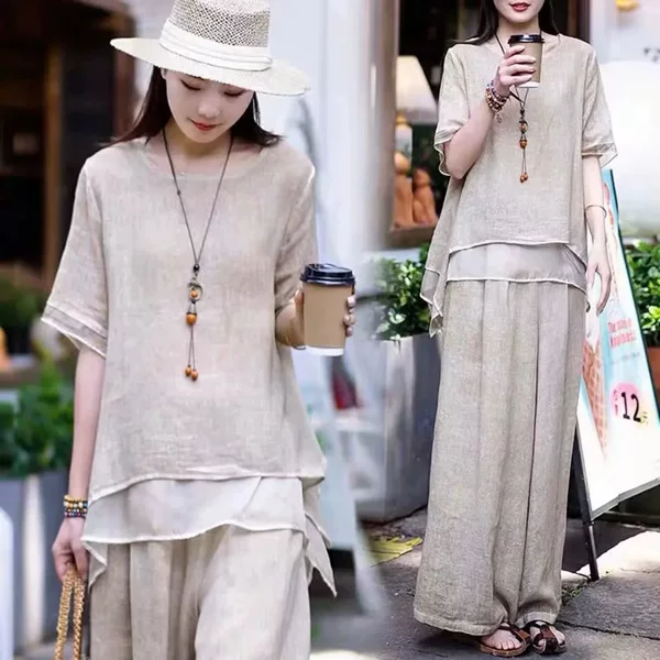 New Vintage Artistic Cotton and Linen Suit for Women, 2026 Summer New Ethnic Style, Loose Fit, Slimming, Tummy-Covering, Elegant Two-Piece Set