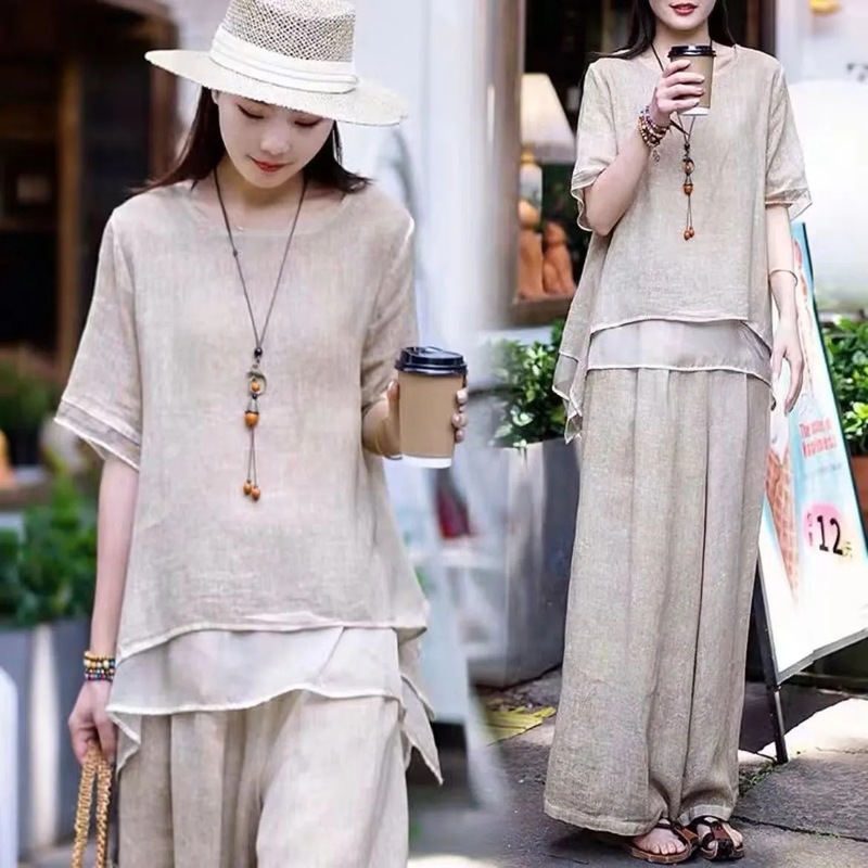 New Artistic Retro Cotton Linen suit Women's 2025 Summer New Ethnic Style Loose Slimming Belly Covering Elegant Two-piece Set