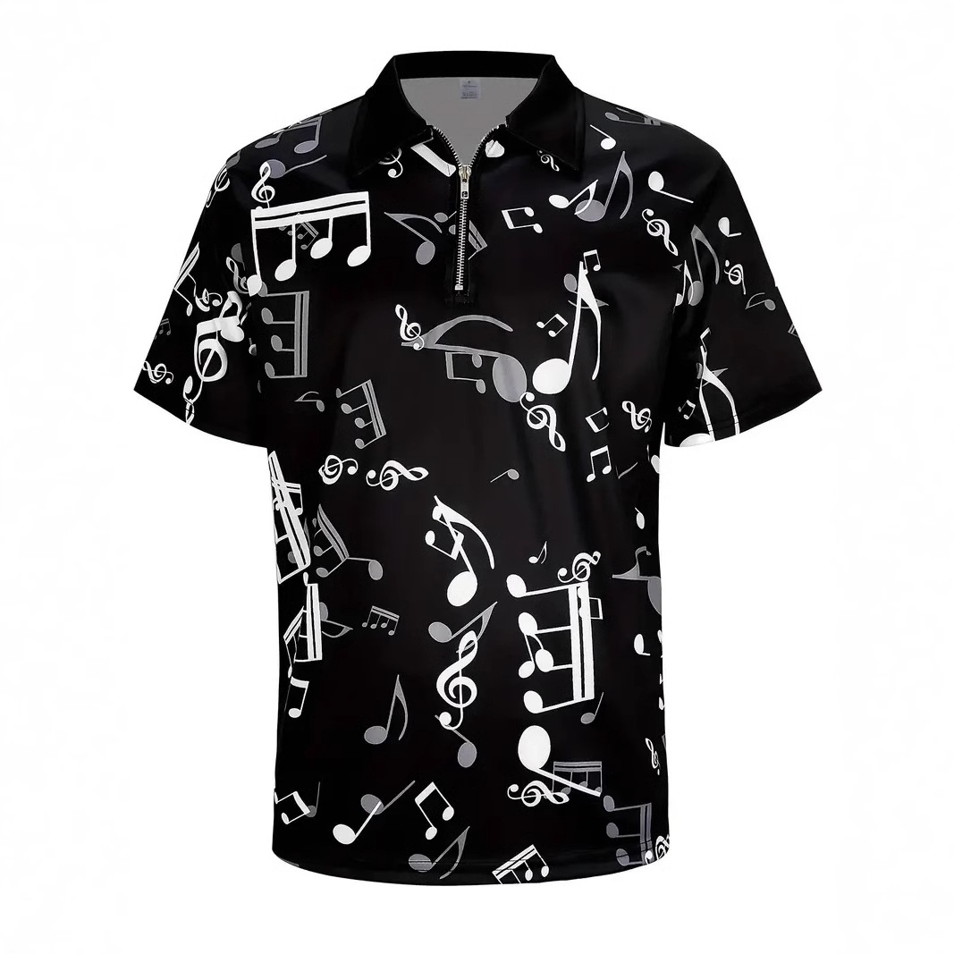 2024 venta caliente arte clásico nota impresión 3D hombre casual todo fósforo ancho de hombro ancho ancho ancho cremallera suelta camisa POLO