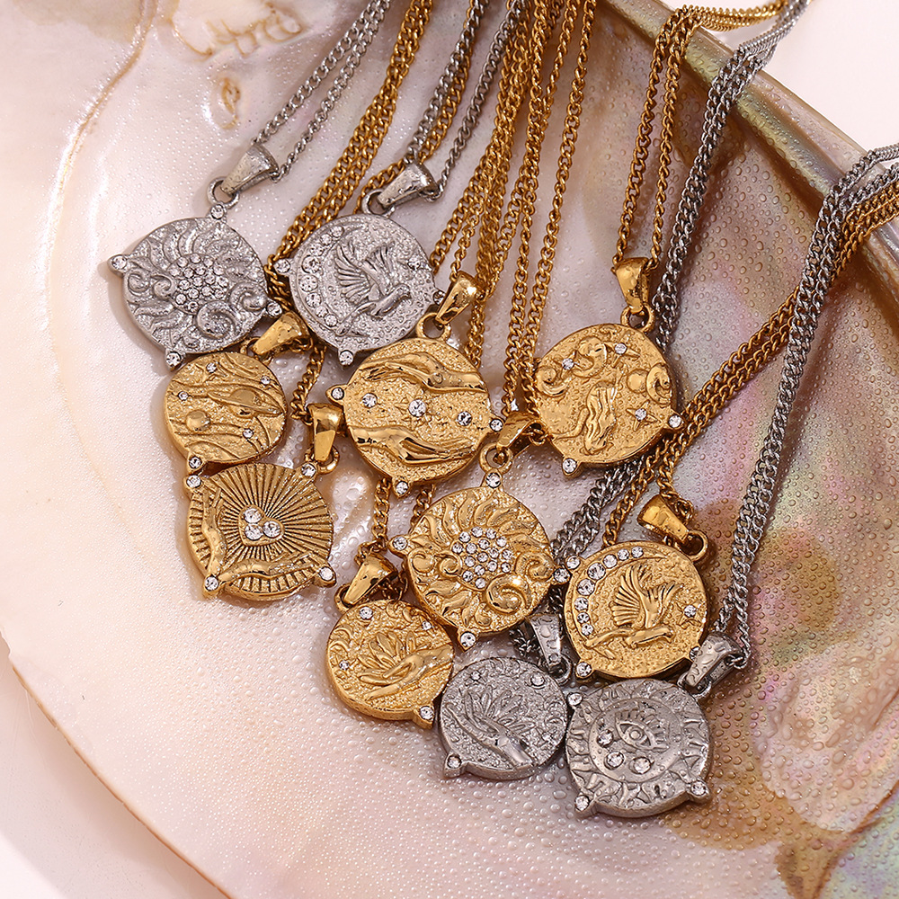 Zircon Inlaid Tarot Stainless Steel Pendant Necklace