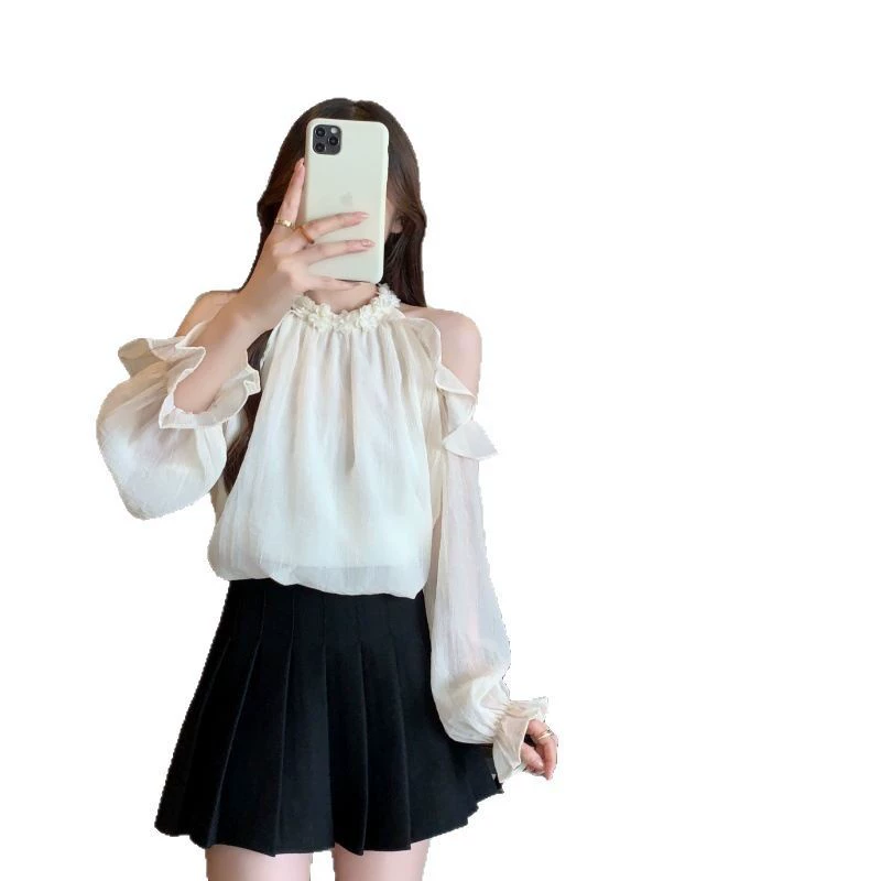 Large size French sweet ruffle off-shoulder chiffon shirt spring and summer fat mm loose belly-covering fashionable versatile top