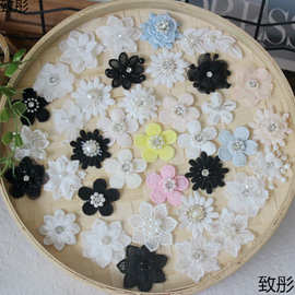 刺绣立体手缝花朵钉珠水钻花边布贴辅料婚纱头纱饰品装饰蕾丝材料