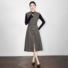 2515201-南油高货法式V领收腰斜纹毛呢连衣裙气质感女秋冬背心裙