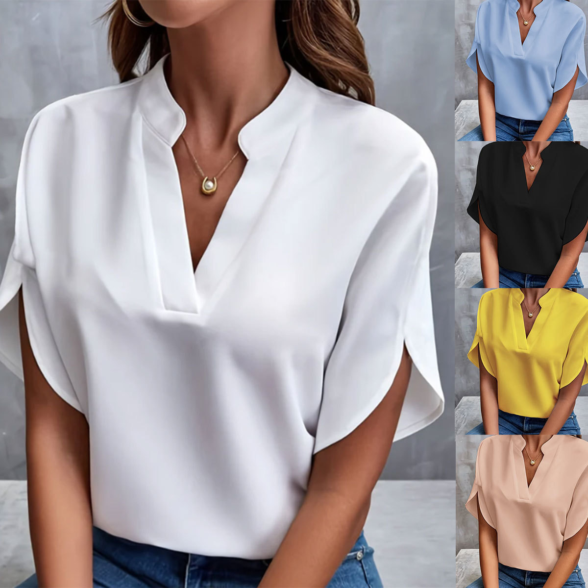 Amazon Foreign Trade 2024 yozgi yangi V-bo'yinli ko'ylak ayollar uchun bir rangli kundalik ko'p qirrali Yevropa va Amerika kalta yengli pullover ko'ylak