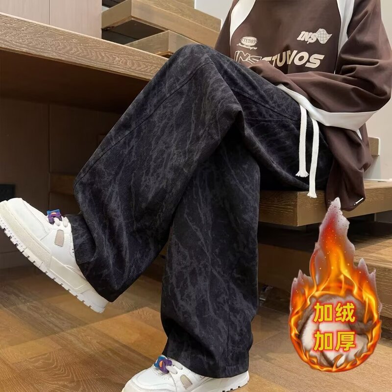 Autumn and Winter fleece-lined Thickened Casual Pants Men's Trendy Brand Good-looking Plutonium Handsome Loose Wide-leg Pants Straight Tie-dyed Corduroy Pants