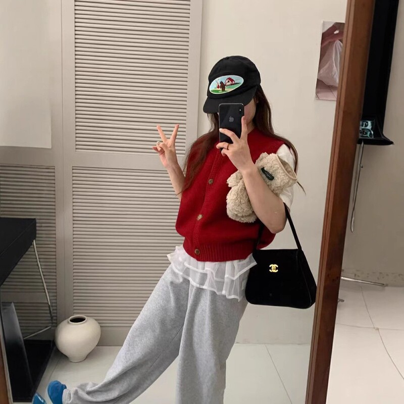 韩系叠穿毛针织马甲开衫女2025春季新款简约百搭无袖外穿背心上衣|undefined