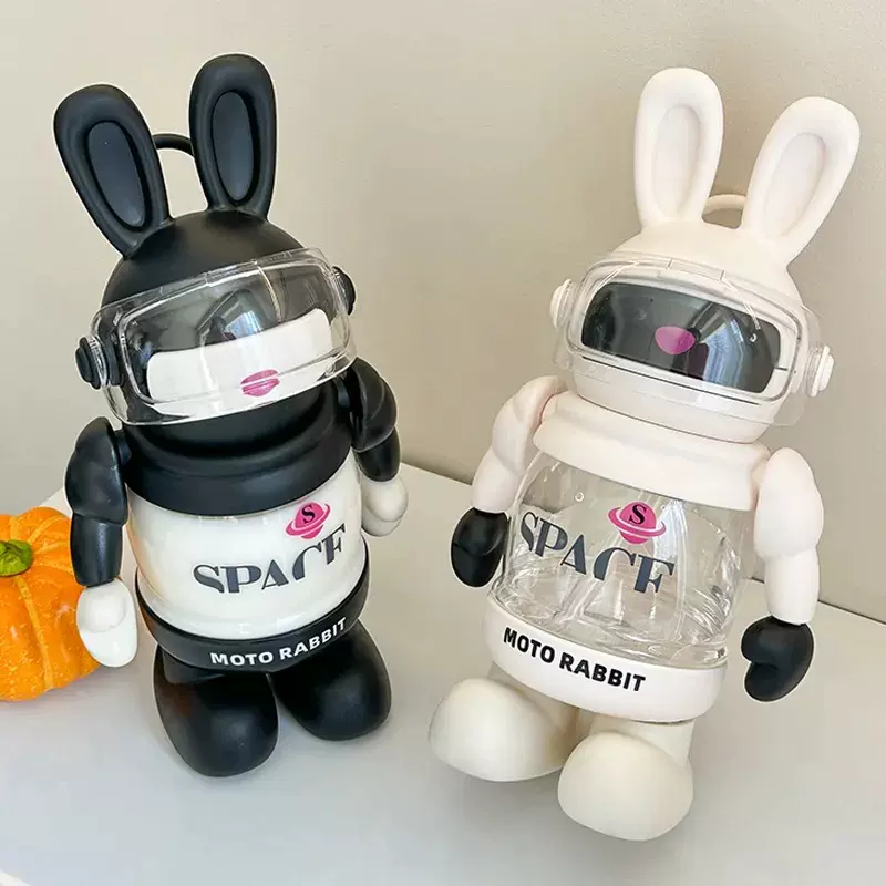 卡通太空兔塑料杯女生儿童高颜值大容量吸管杯便携弹跳玩具水杯子